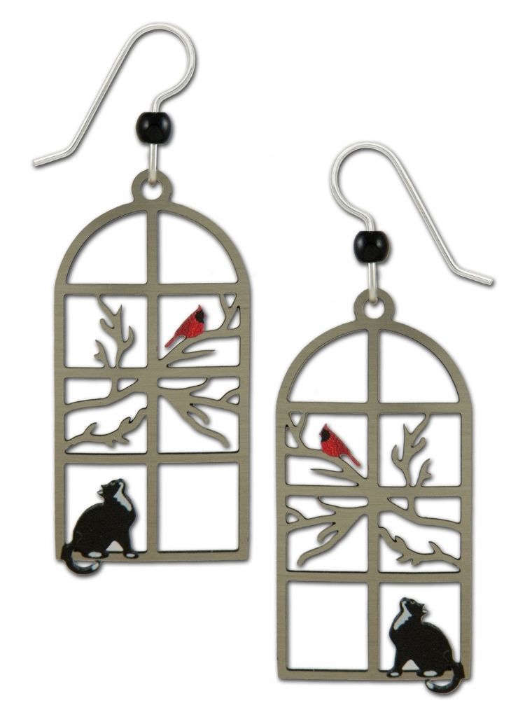 Cat Watching Bird in Window Earrings