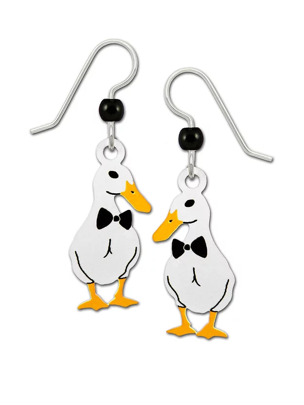 White Duck With Black Bowtie Earrings