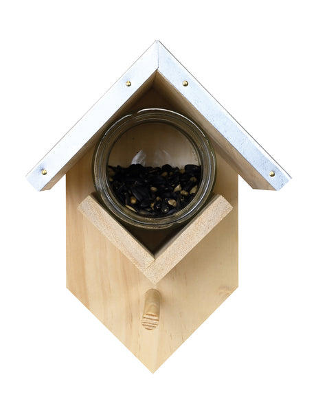 Wood Jar Metal Roof Bird Feeder