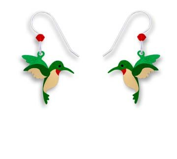 Green Red Buff 3-D Hummingbird Earrings